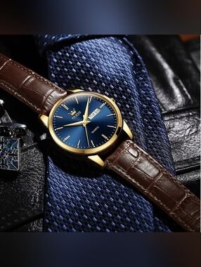 OLEVS Men's Classic Blue Dial Watch with Brown Leather Strap